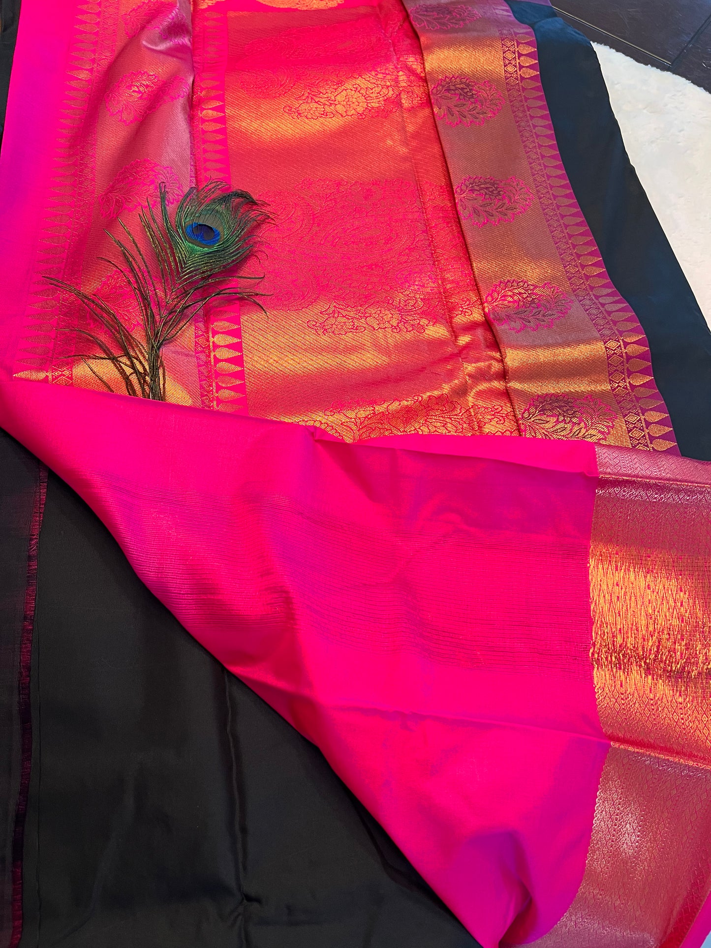 Black and pink soft silk saree