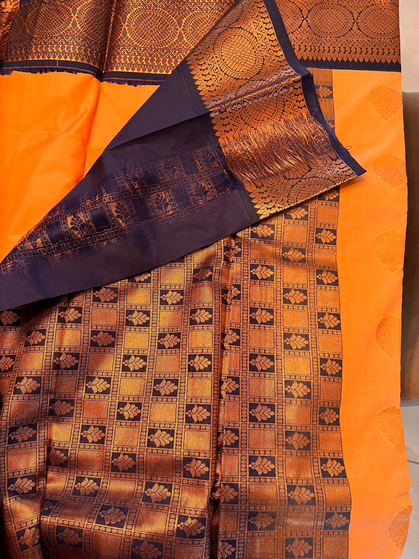 Peach and navy blue soft silk saree