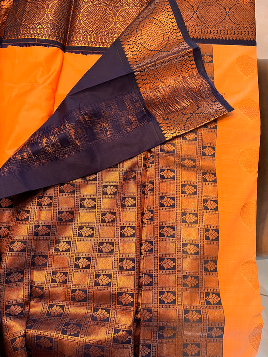 Peach and navy blue soft silk saree