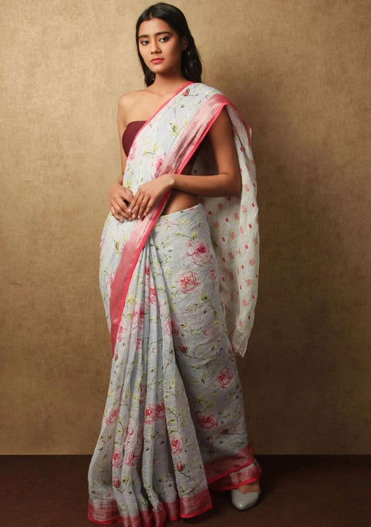 Roses printed linen saree