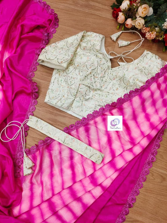 Pink satin saree with pre-made blouse