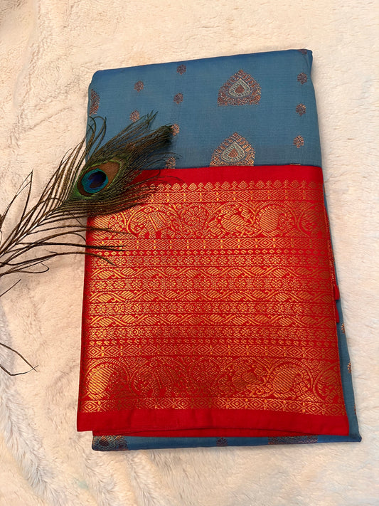 Blue and red soft silk saree
