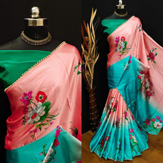 Flower printed satin saree