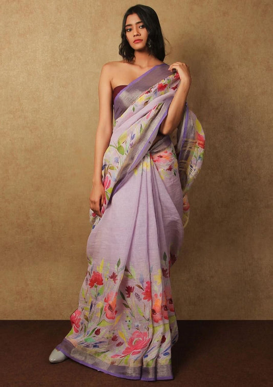 Purple floral linen saree