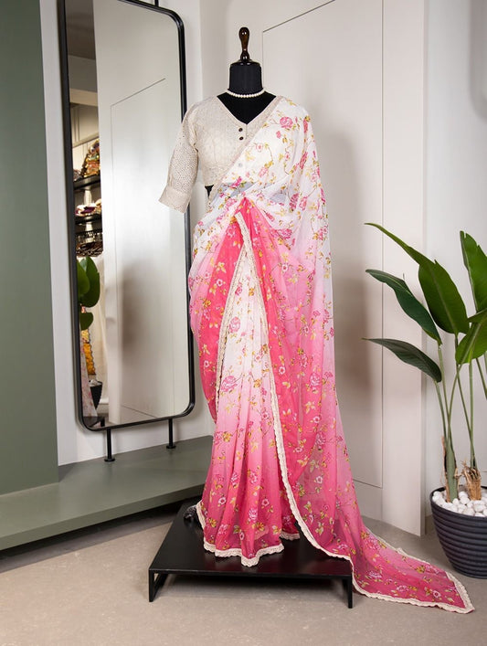 Pink georgette saree with white pre-made blouse
