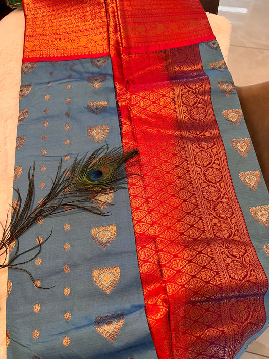 Blue and red soft silk saree