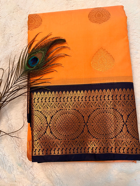 Peach and navy blue soft silk saree