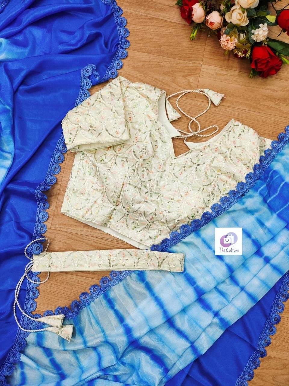 Blue satin saree with pre made blouse