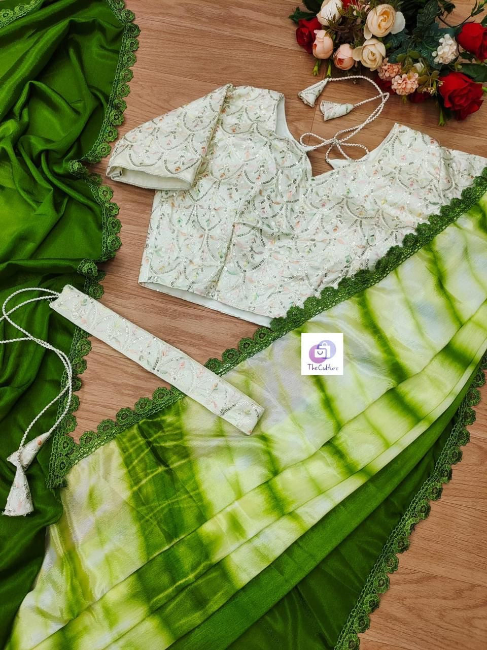 Free satin saree with pre made blouse