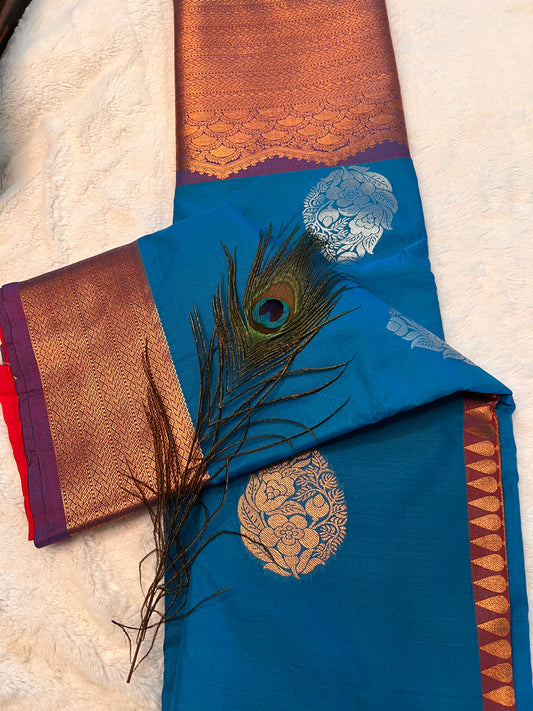 Blue and pink soft silk saree