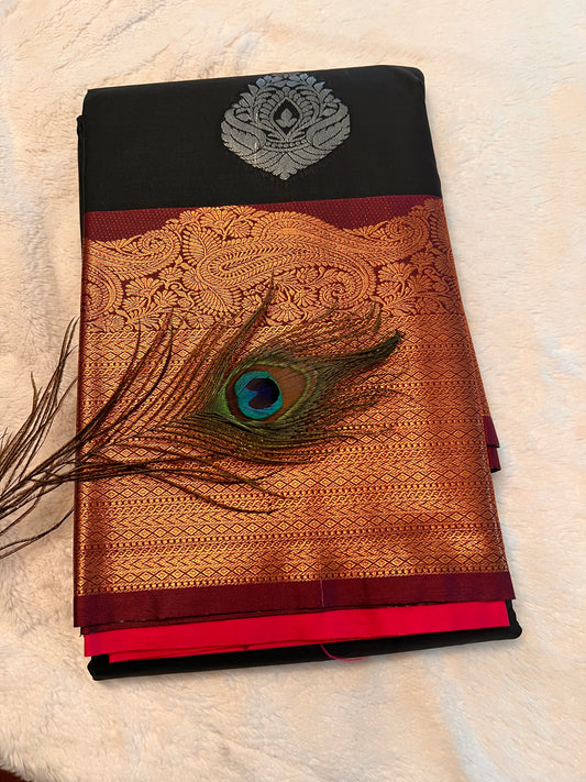 Black and pink soft silk saree