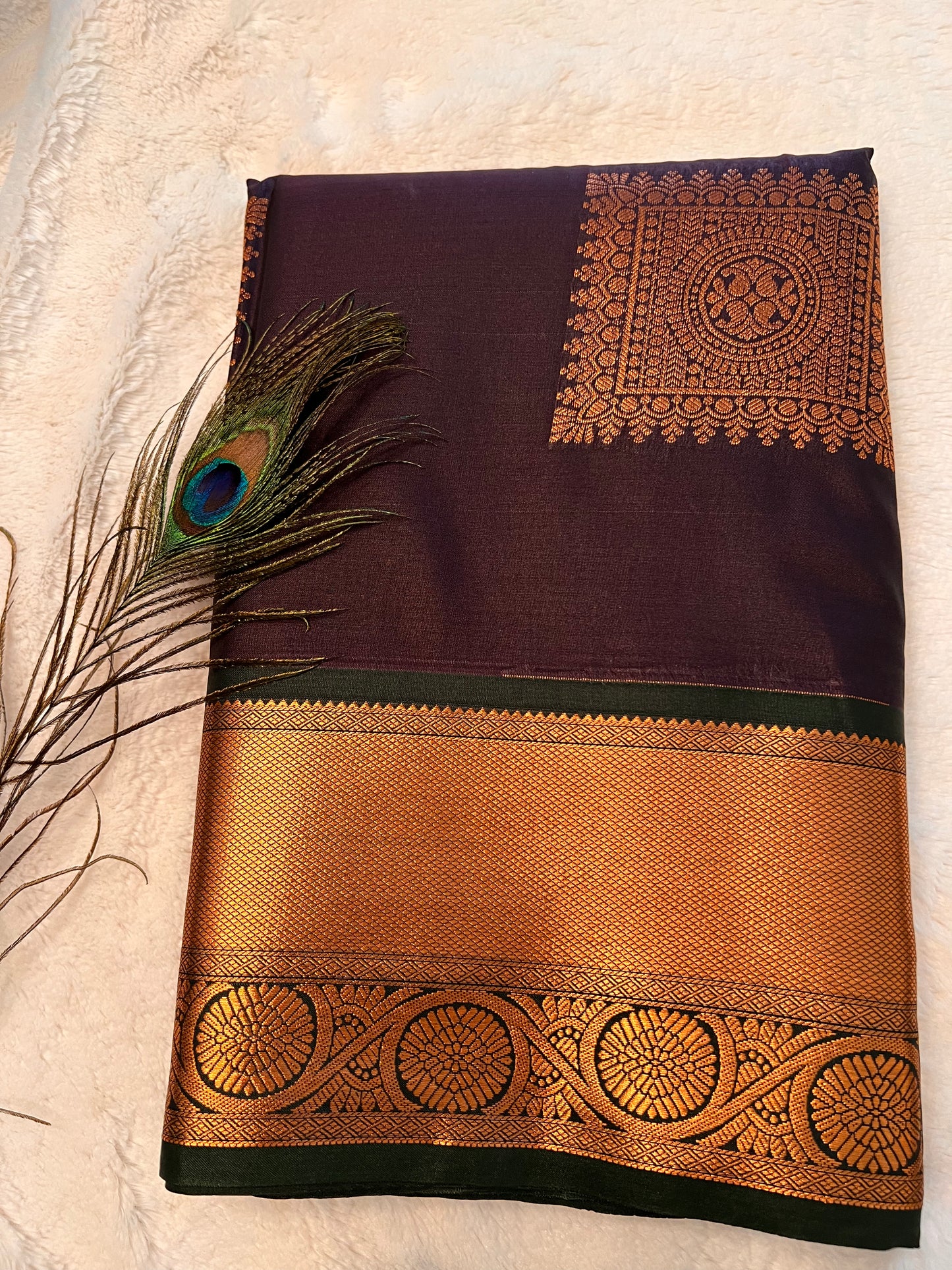 Deep navy blue with dark green soft silk saree