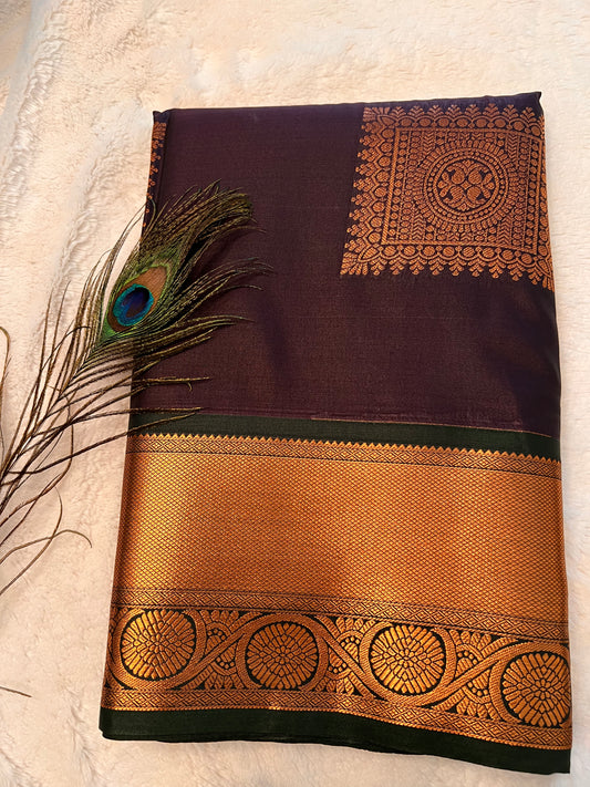 Deep navy blue with dark green soft silk saree