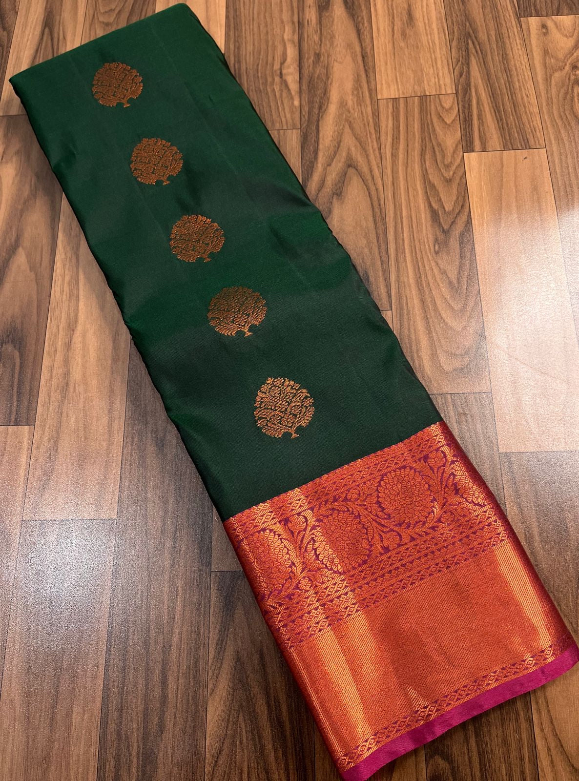 Dark green and pink original silk saree