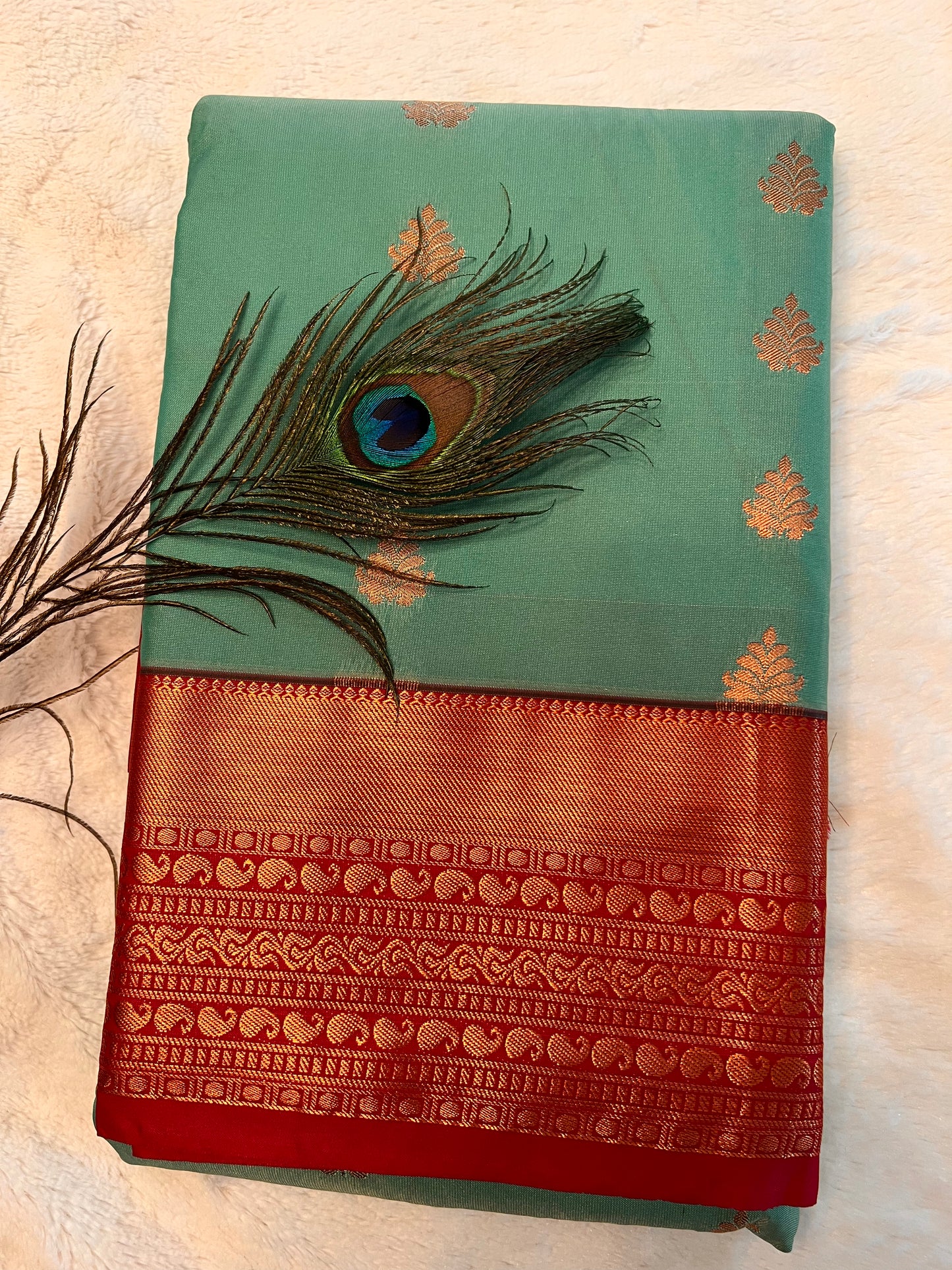 Aqua green and maroon soft silk