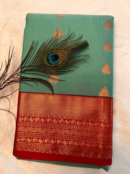 Aqua green and maroon soft silk