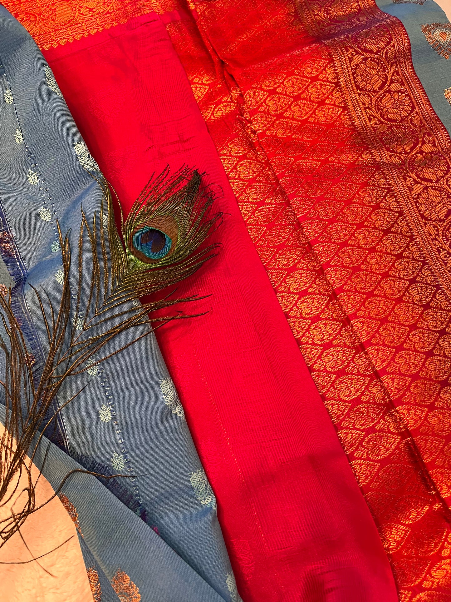 Blue and red soft silk saree