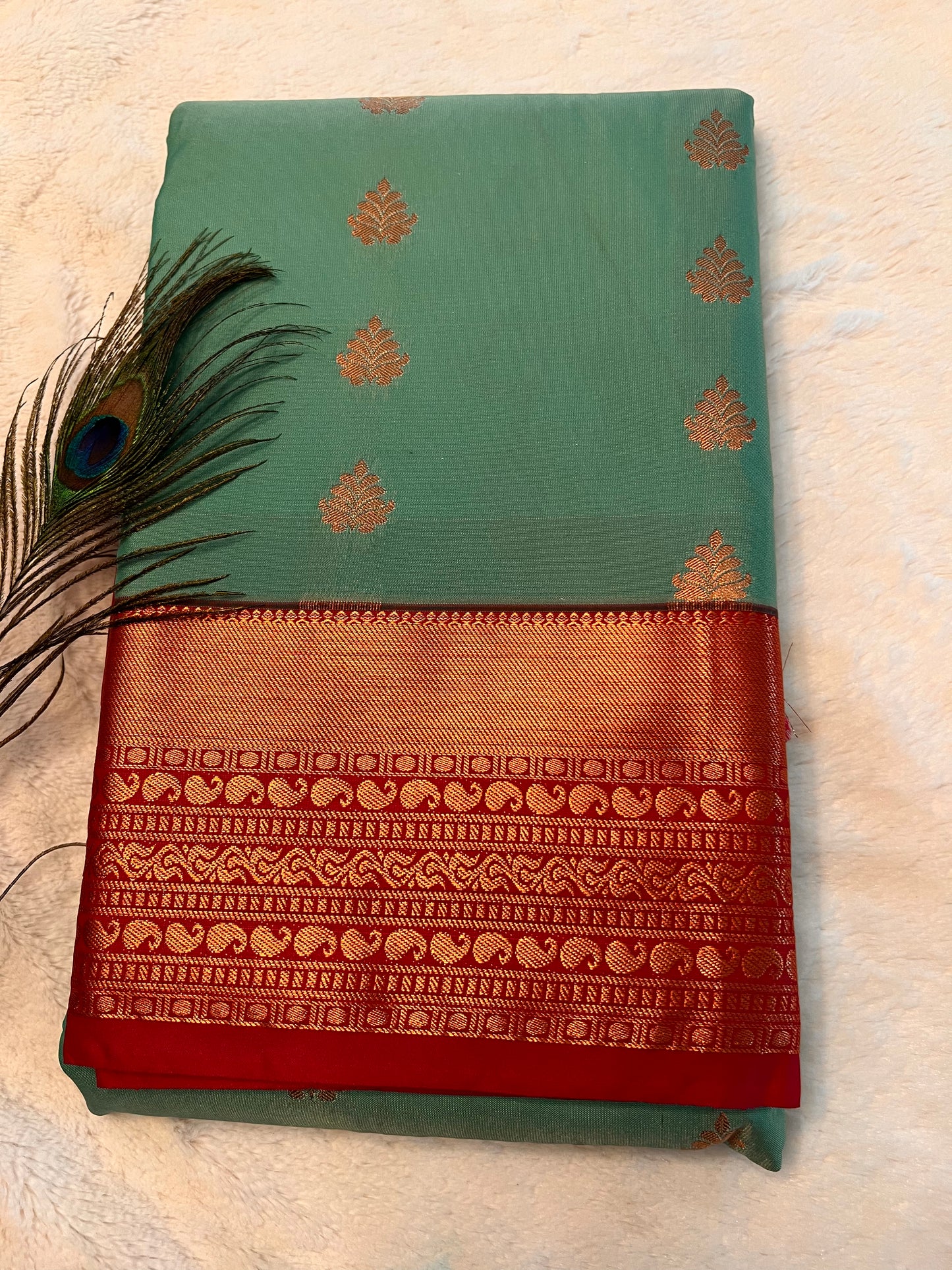 Aqua green and maroon soft silk