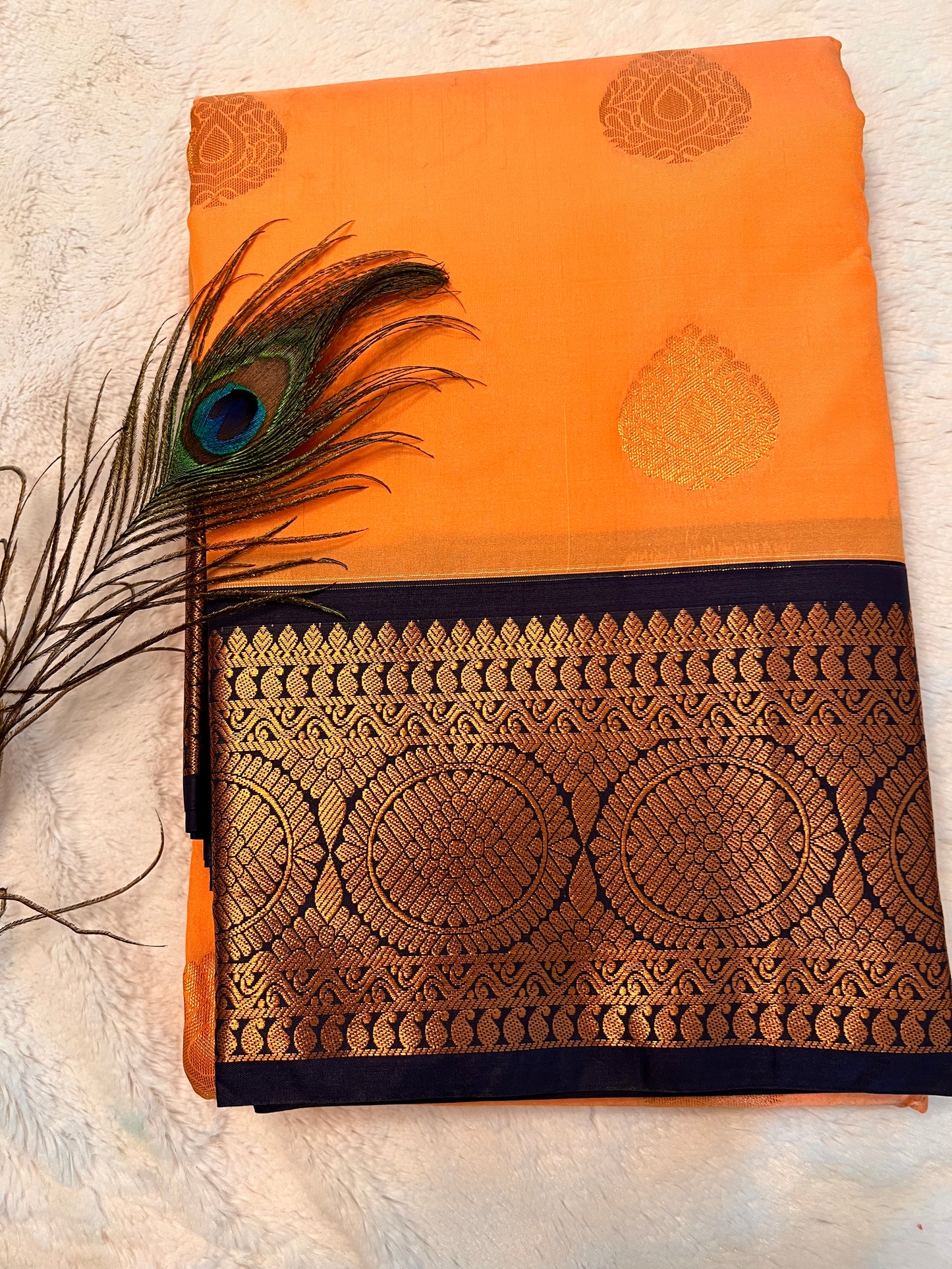 Peach and navy blue soft silk saree